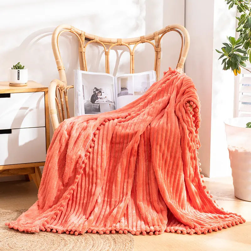 Velvet Pom Fringe Soft Flannel Throw Blanket