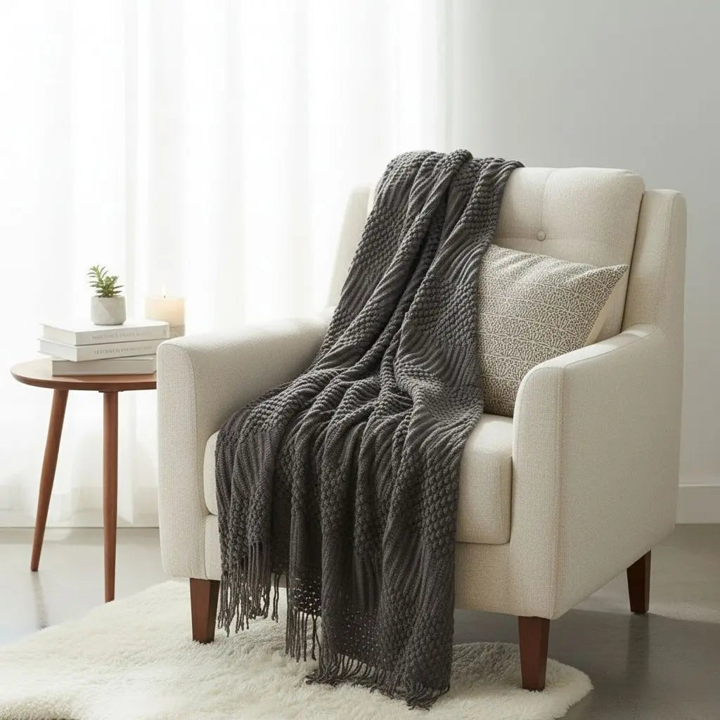 Lena Textured Fringe Throw Blanket