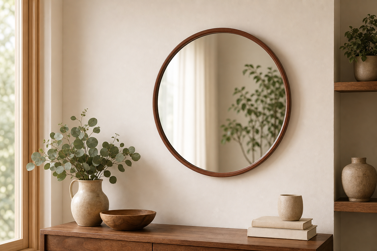 Ethan Round Wall Mirror Solid Walnut Wood Frame - Image 3