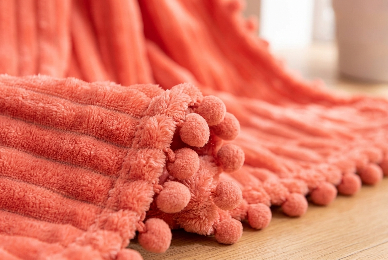 Velvet Pom Fringe Soft Flannel Throw Blanket - Image 3