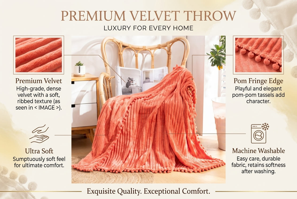 Velvet Pom Fringe Soft Flannel Throw Blanket - Image 4