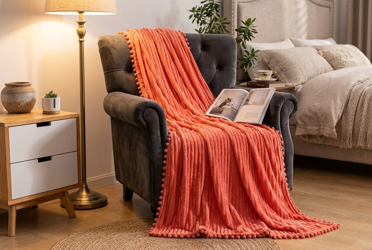 Velvet Pom Fringe Soft Flannel Throw Blanket - Image 2